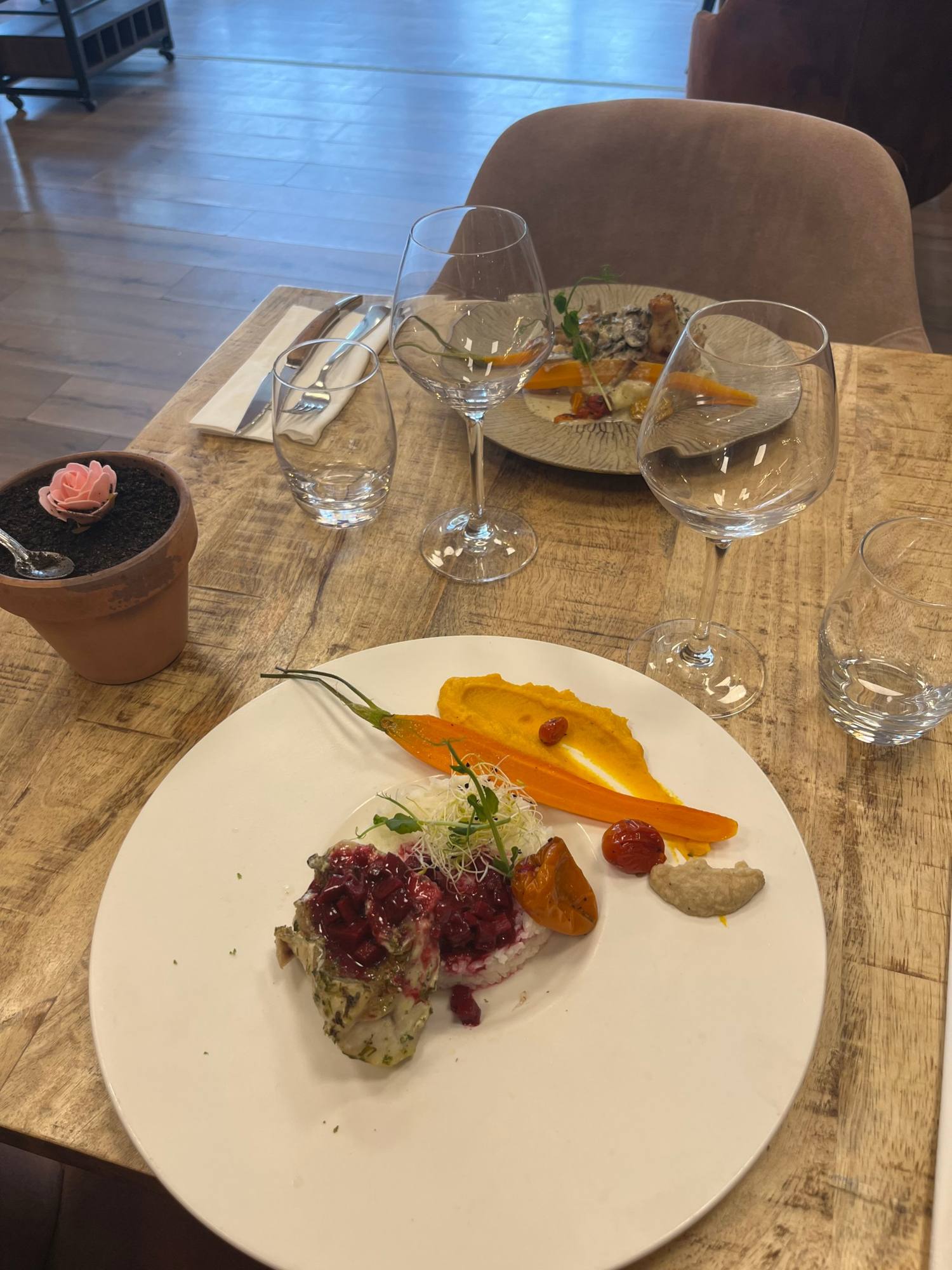 Poisson, betterave, carotte fane et purée de carotte